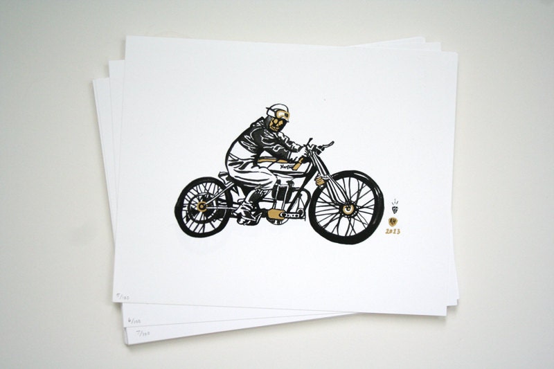 Highway To Hell Skeleton Moto Man Print with Gold Detail