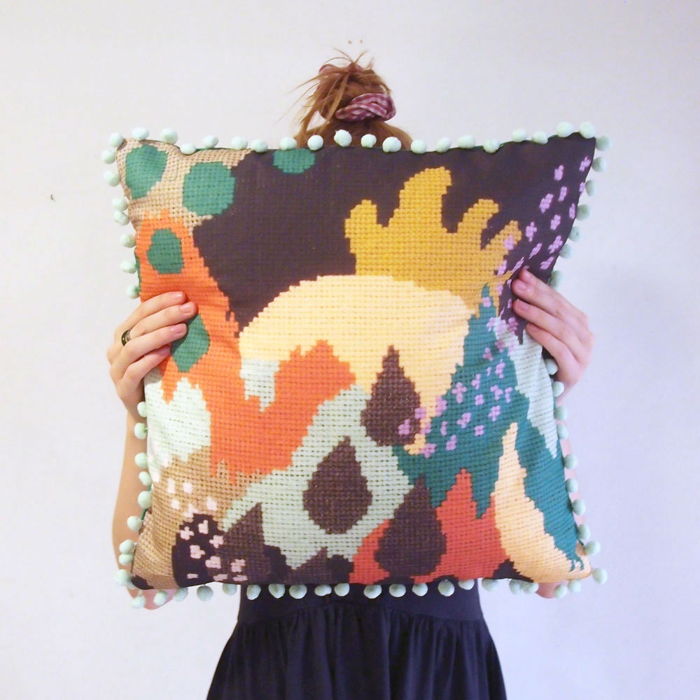 Unique Printed Cushion Cover with Abstract Needlework Design and Pom Pom Trim