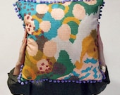 Digitally Printed Cushion Cover with Original Needlework Pattern and Pom Pom Trim