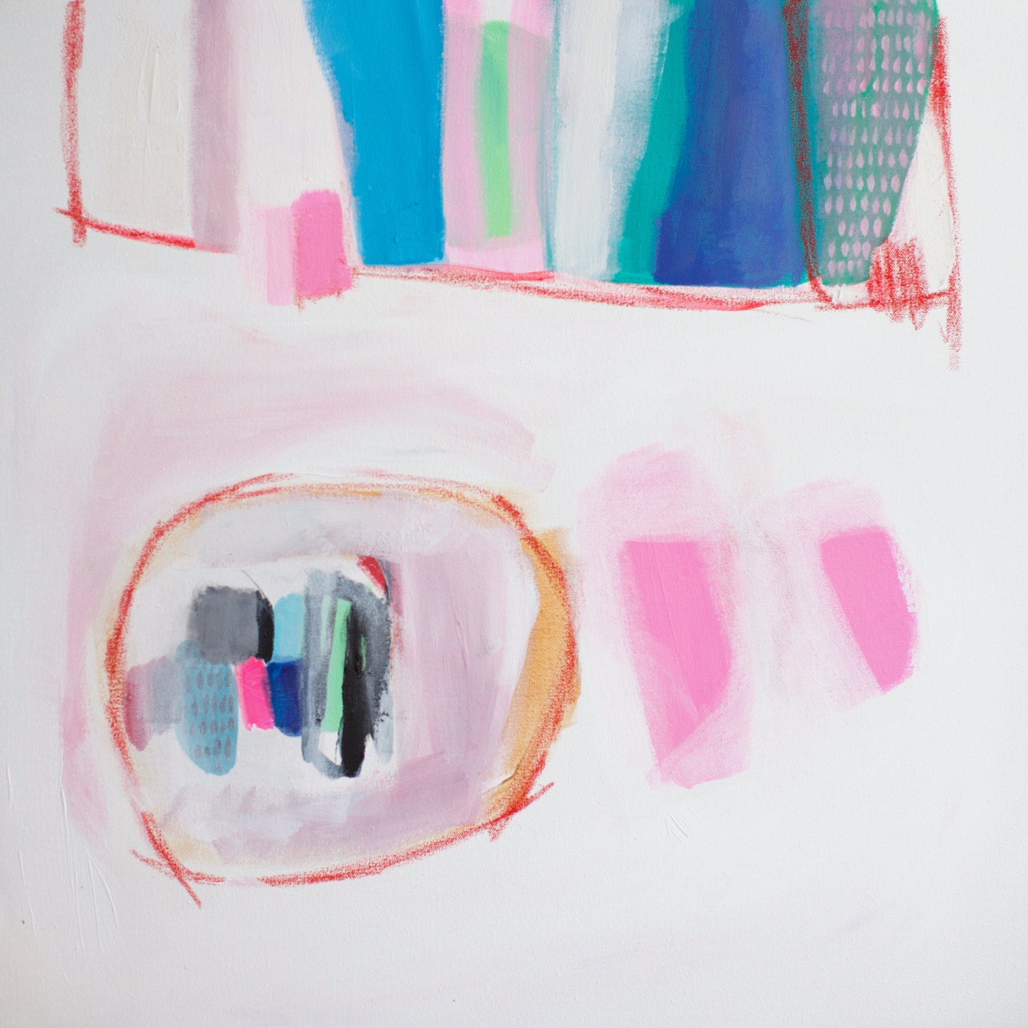 ABSTRACT white painting with pink and blue, modern painting, expressionist painting