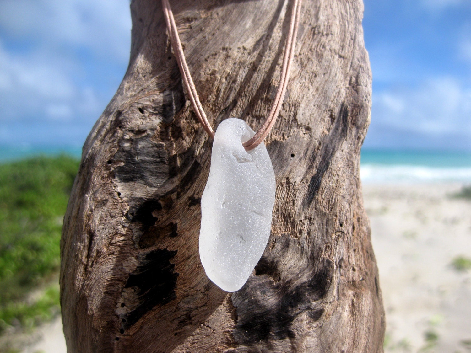 Hawaiian Beautiful & Thick Clear Beach Glass on India Leather Necklace