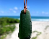 Hawaiian Rare Olive Green Beach Glass on Thin Durable Genuine India Leather Cord Necklace