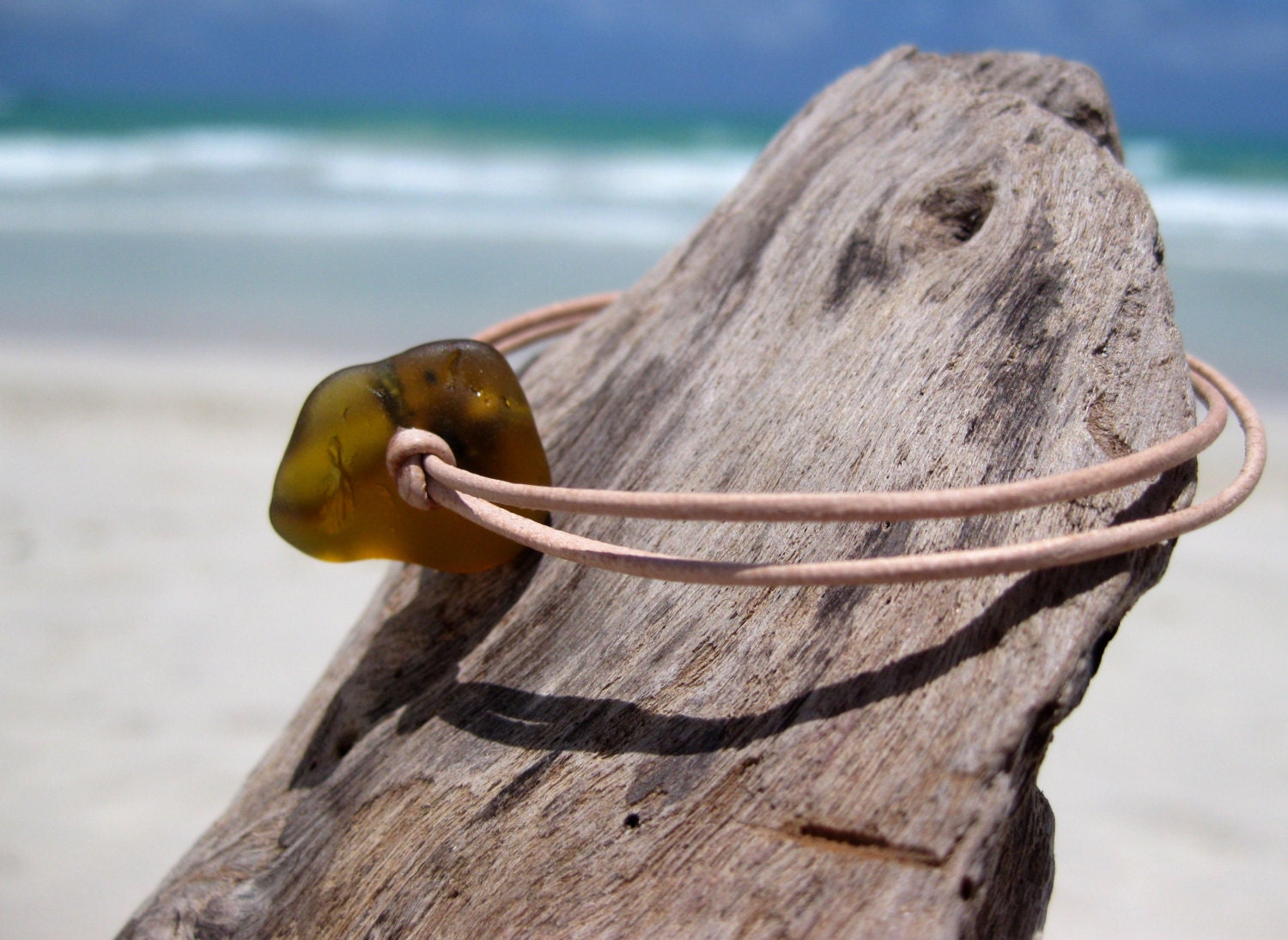 Hawaiian Amber Brown Bonfire Naturally Folded Beach Glass on India Leather Cord Completely Adjustable & Stackable Bracelet