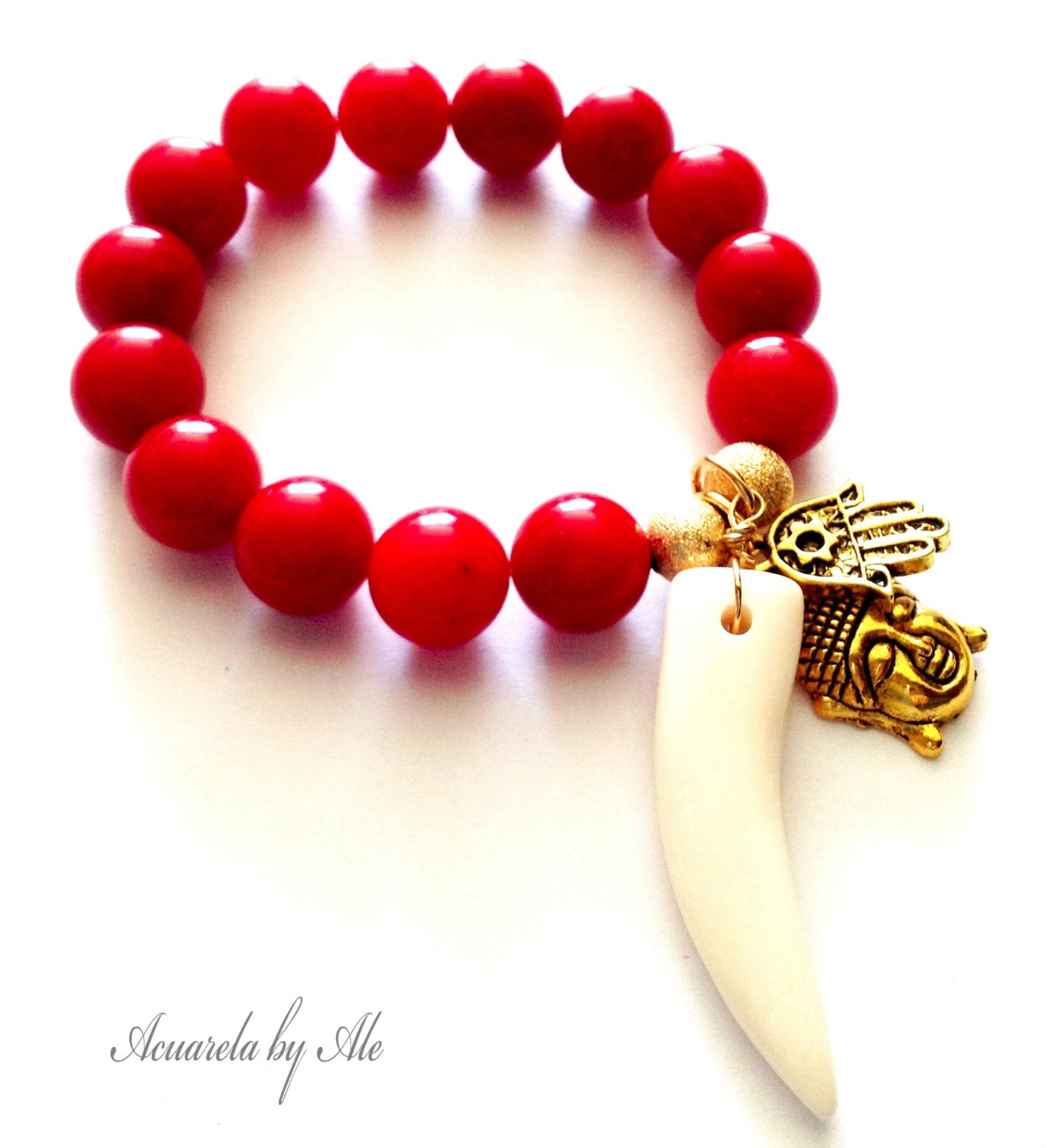Horn bracelet. Buddha bracelet. Coral bracelet. Healing hand bracelet. Acuarela.