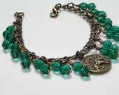 Antique Brass Birthday Zodiac Taurus Emerald Green Glass Czech Bead Charm Bracelet