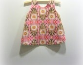 Pink and green pinny, cross over back top, botanical floral cotton fabric with green upcycled lining, ecofriendly toddler girls clothing