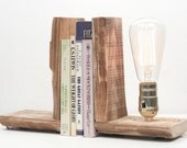 Book Ends- Rustic Wood Lighting, Bookends, Wood Lamp, Lighting, Exposed Edison Bulb