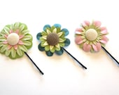 Adorable Hair Accessories - Set of 3 Blue, Pink, and Green Paper Flower Hairpins