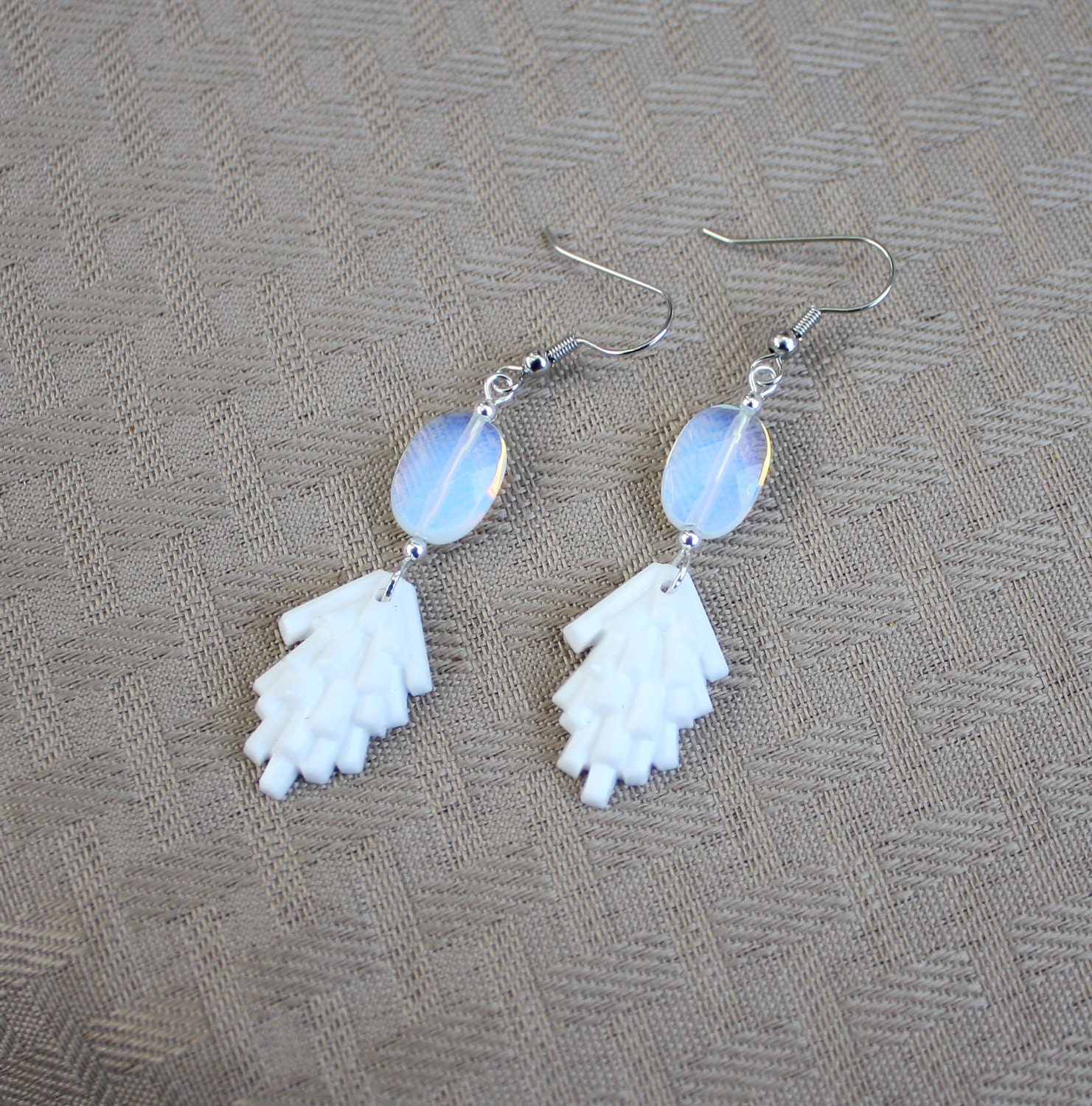 White Crystal Earrings - Retro Crystals and Opal Glass Beads