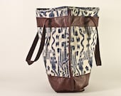 SUPER SALE // Burgundy Leather Purse w/ Navy Africana Print -- ready to ship.