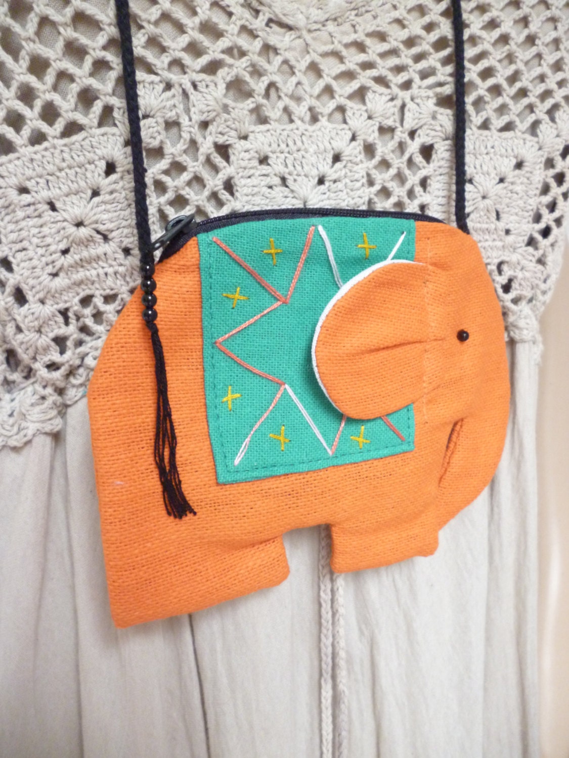 Friendly Orange Elephant Cross-Body Bag HillTribe Handwoven Fabric HMONG Thailand (BG618-O)