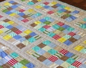 Baby/Lap Quilt. Patchwork Brick Design featuring Linen with Sweet and Subtle Checks, Stripes and Spots. By Tickle & Hide