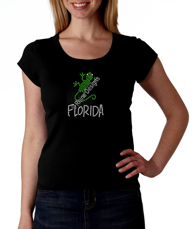 Florida Lizard RHINESTONE T-Shirt or tank top Bling S M L XL XXL -Tropical Beach Spring Break Gecko