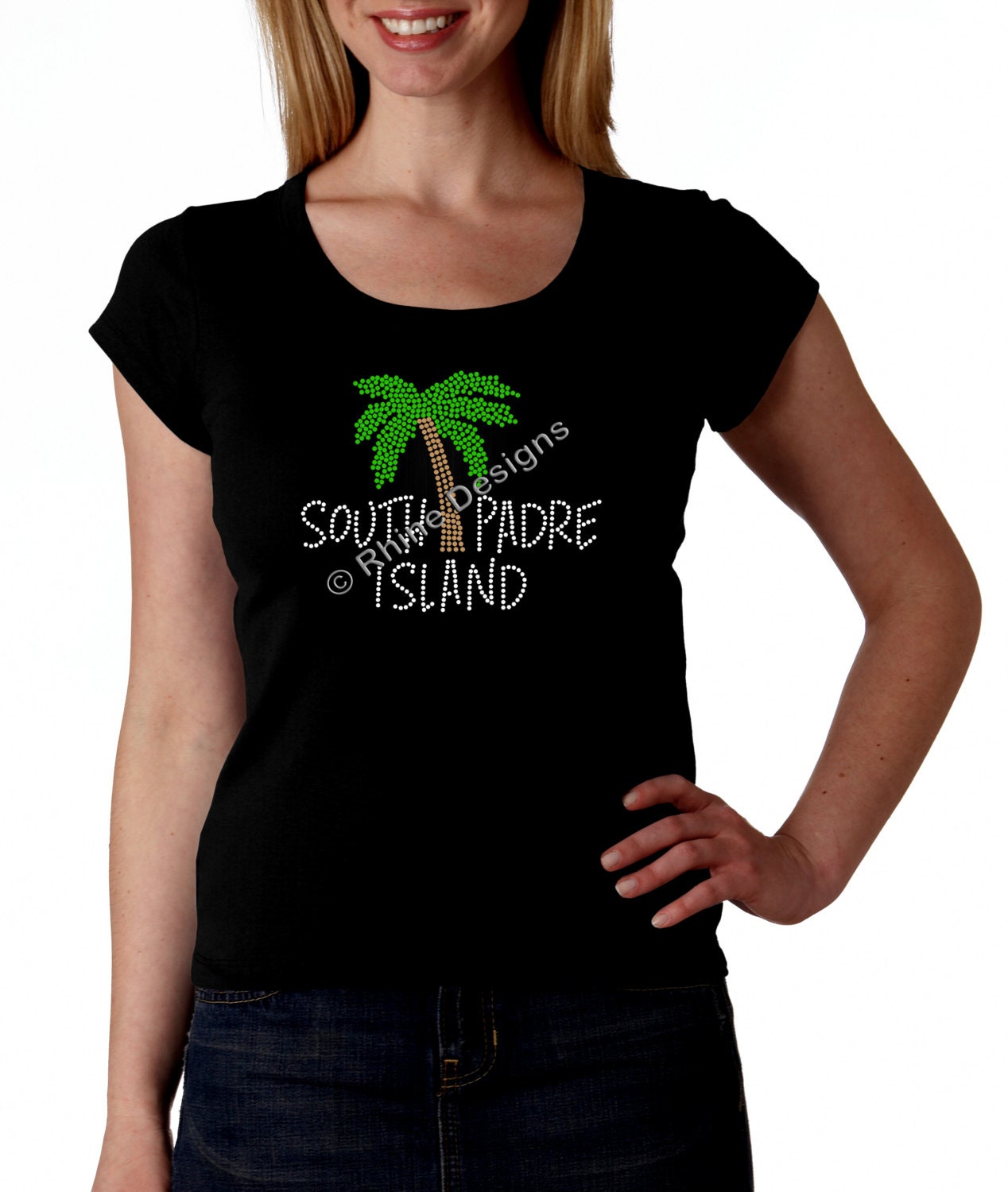 South Padre Island RHINESTONE T-Shirt or tank top Bling S M L XL XXL - Palm Tree Tropical Beach Sun Sand Water Spring Break