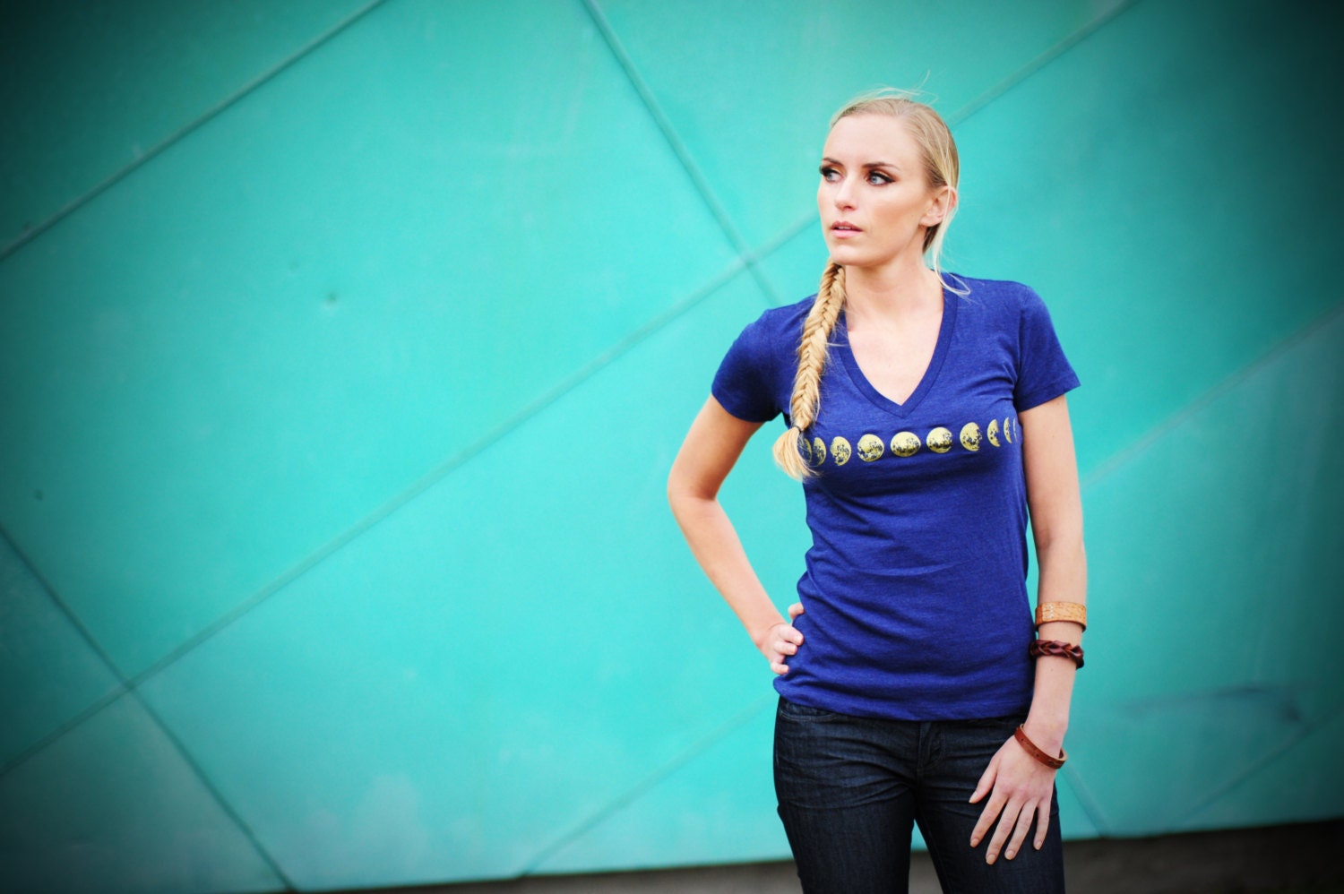 Phases of the Moon deep V-neck T-shirt .... triblend navy and gold ink