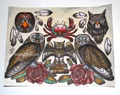 crab and owls print, tattoo flash art: old school tattoo art