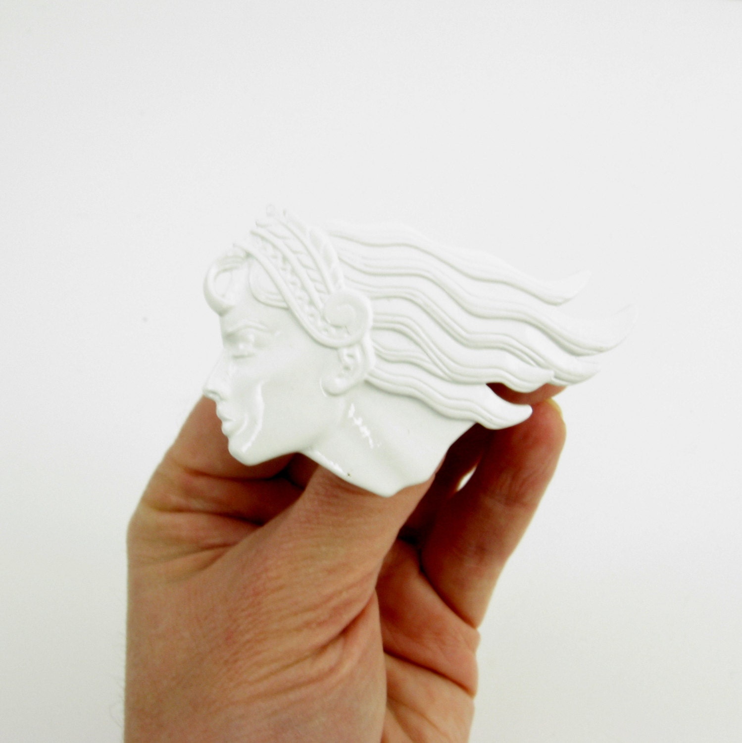Vintage Goddess Athena Brooch in White Enamel - 1980s Tribal Pin