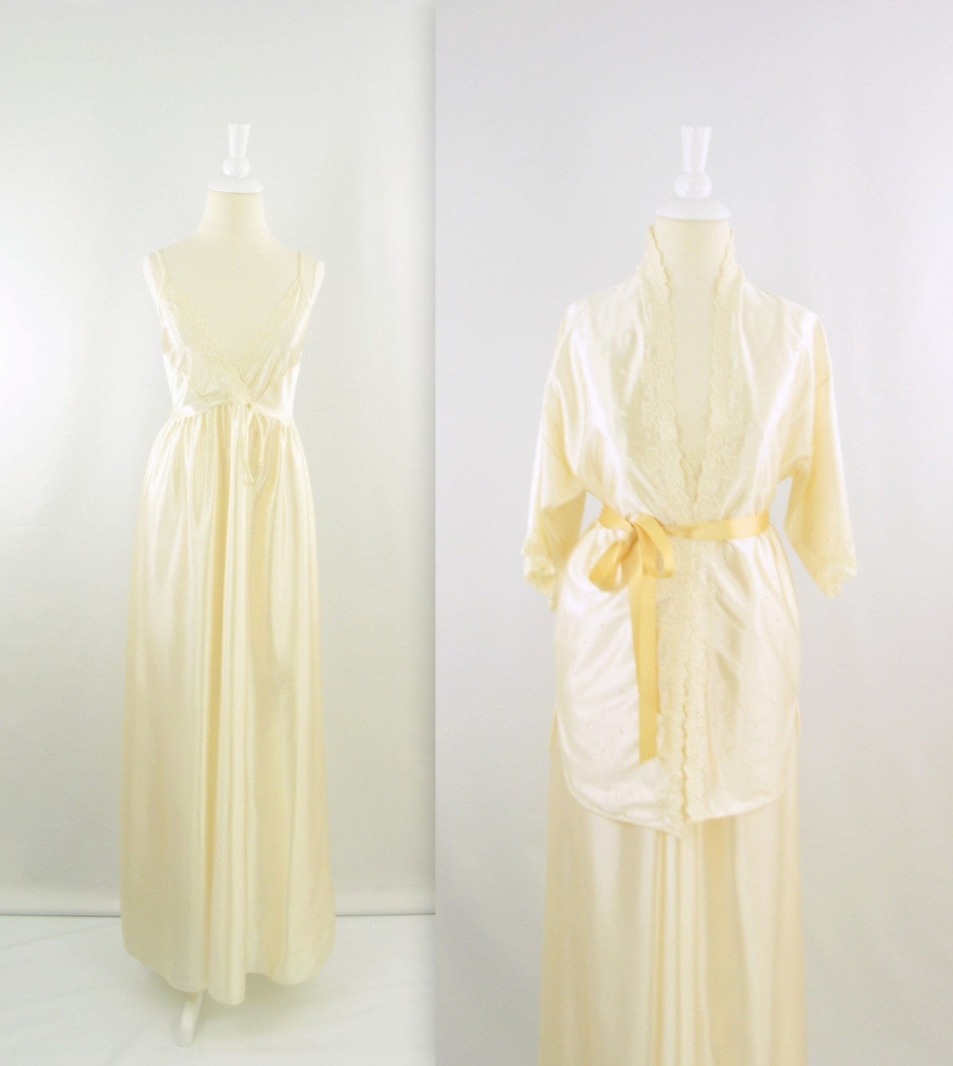 Vintage 1970s Maxi Nightgown Peignoir Renaissance Set in Cream - Small Medium by Cahill