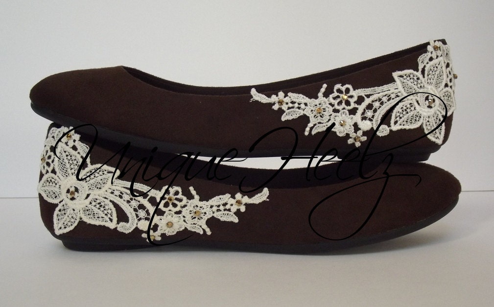 Swarovski Crystal - Brown Venise Lace Flats - SIZE 7 - FREE SHIPPING