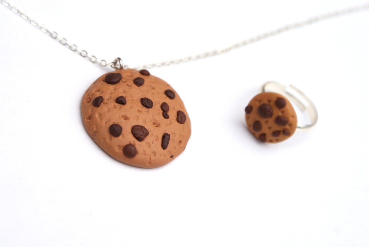 Chocolate Chip Cookie Necklace Gift Set - SALE Necklace and ring set featuring miniature chocolate chip cookies made from polymer clay