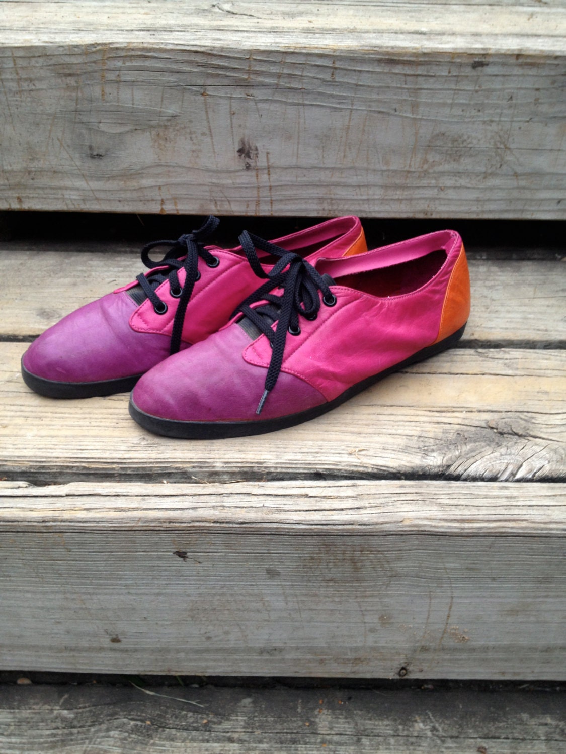 Vintage 80s Purple, Pink, Orange Colorblock Tennis Shoe Flats Size 7.5