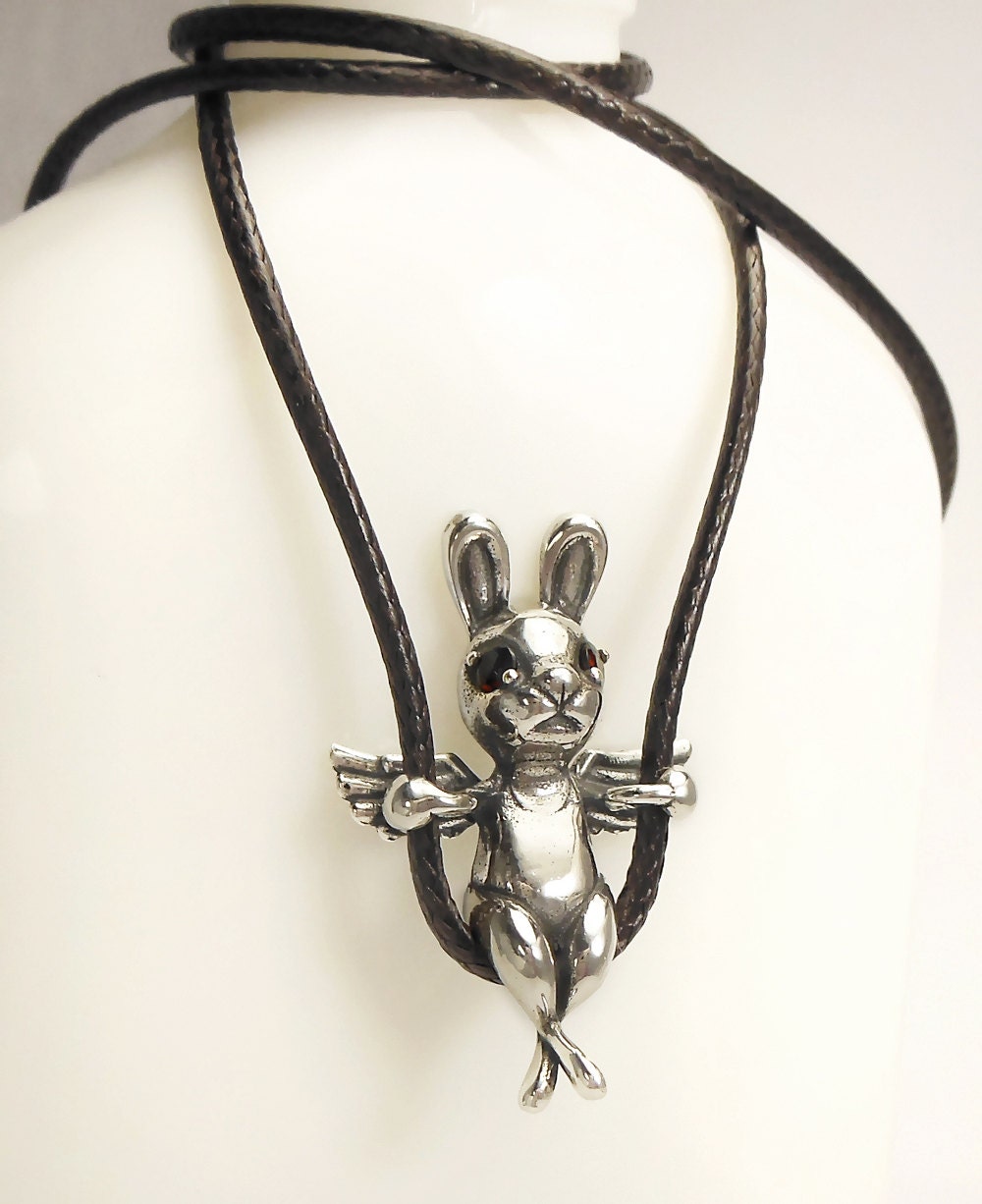 Silver Pendant "Rabbit with wings" with garnet eyes, pets and pet lovers, Love, unique, cute and funny