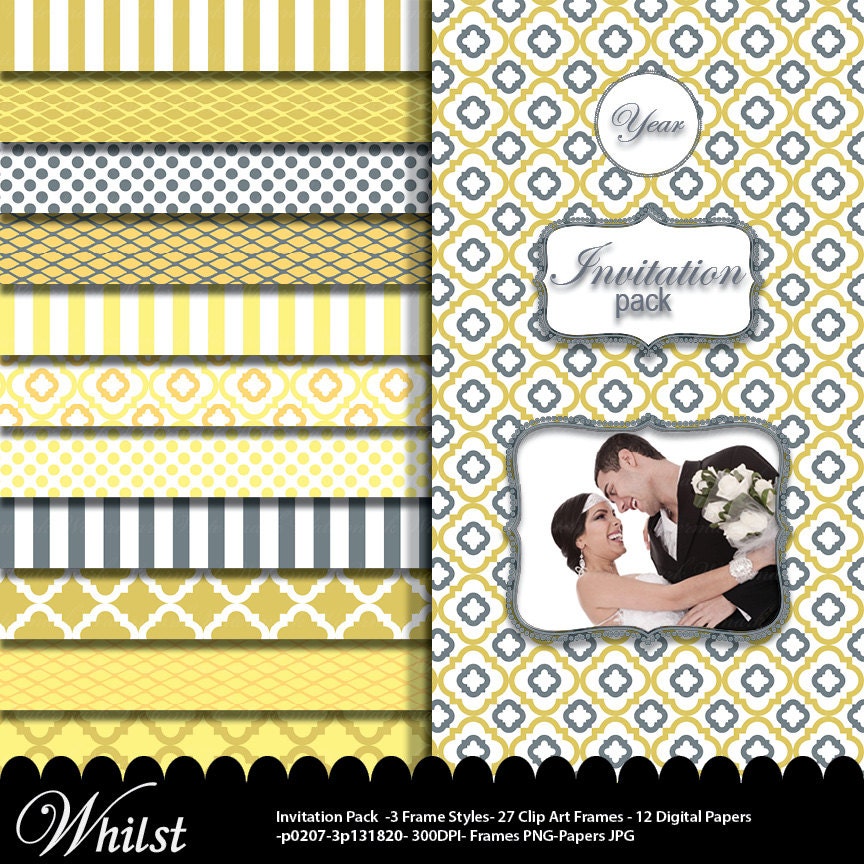 Yellow and gray digital paper, digital frame gold clip art frame, gray yellow chevron paper, quatrefoil digital paper : p0207 3s891048 IP Il_570xn