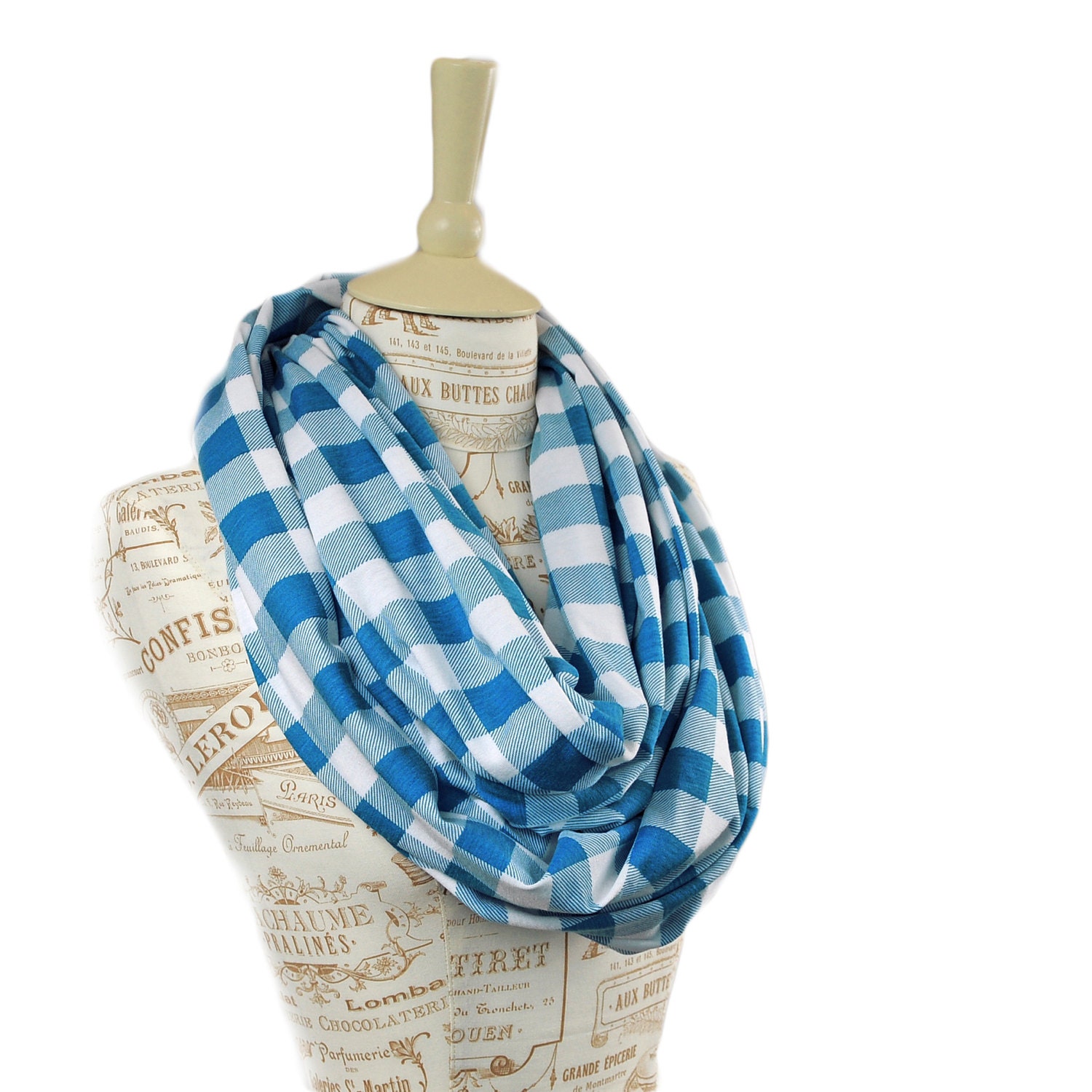 Gingham Infinity Scarf Blue Checkered White Circle Loop