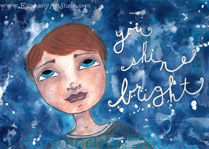 Mixed Media Boy Art Print - "You Shine Bright" - Brunette Brown Hair Boy, Blue Eyes, Blue Boy's Room Decor, Uplifting Childrens Art