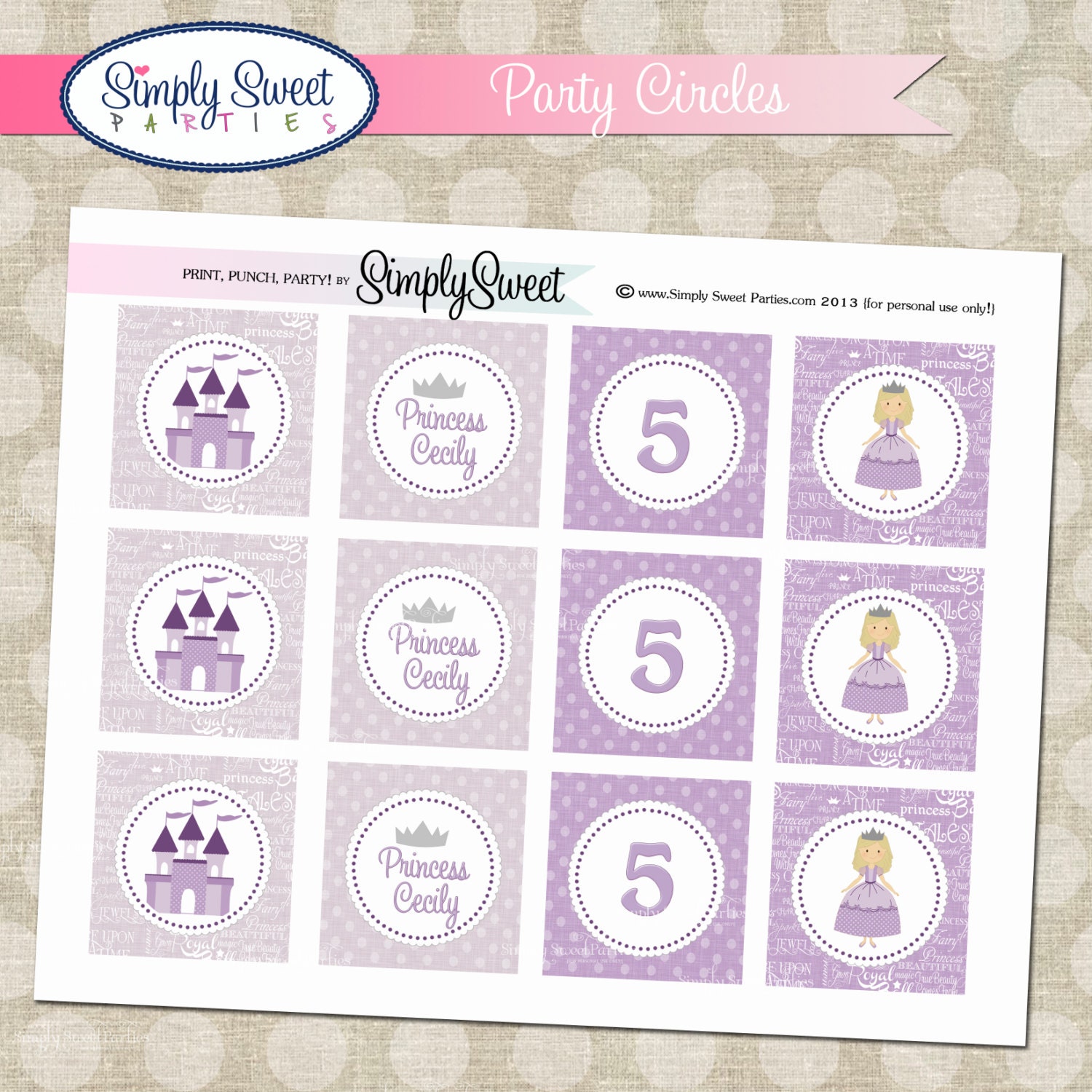 Purple Polka Dot Princess Party Cupcake Toppers Printable PDF files Il_570xn