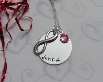 INFINITY  Name  Necklace - Hand Stamped Jewelry - Swarovski Birthstone