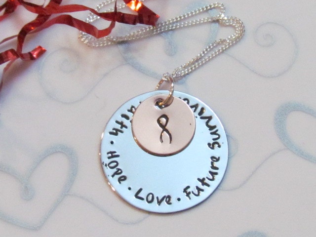 FAITH HOPE LOVE - FuTURE SuRVIVOR - Hand Stamped Necklace -Cancer Awareness-Sterling Silver Chain -Gift box included