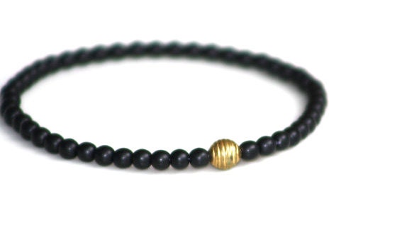 Beaded Bracelet // Black Onyx, Vintage Gold Metal Bead // Eco-Friendly Handmade Jewelry // For Women & Men // Stretch Bracelet