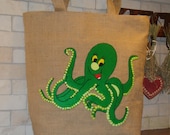 Chic Jute Tote bag handmade,applique,nautical style,summer bag, carry all, travel tote, beach bag, book bag,large , green octopus