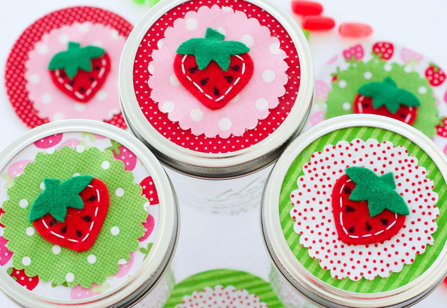 Felt Strawberry Party Toppers: Mason Jar Gift Tag - Regular or Wide Mouth Canning Labels