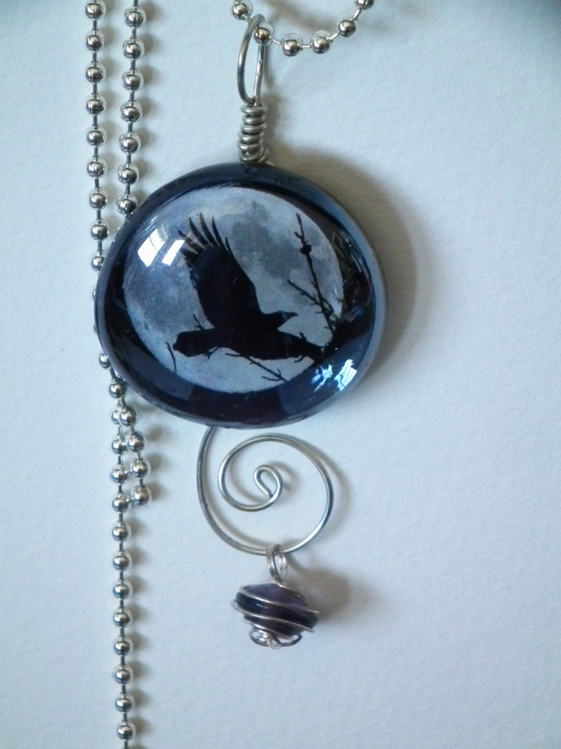 Unique pendant with silver wire and colored dangle, moon flying crow, raven black white, grey, gothic, Poe, 1 inch, ball chain, glass, photo