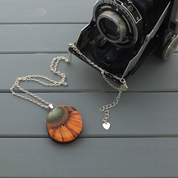 Irish Eye flower, yellow flower, wood necklace, photo jewelry, handmade pendant from real tree branch