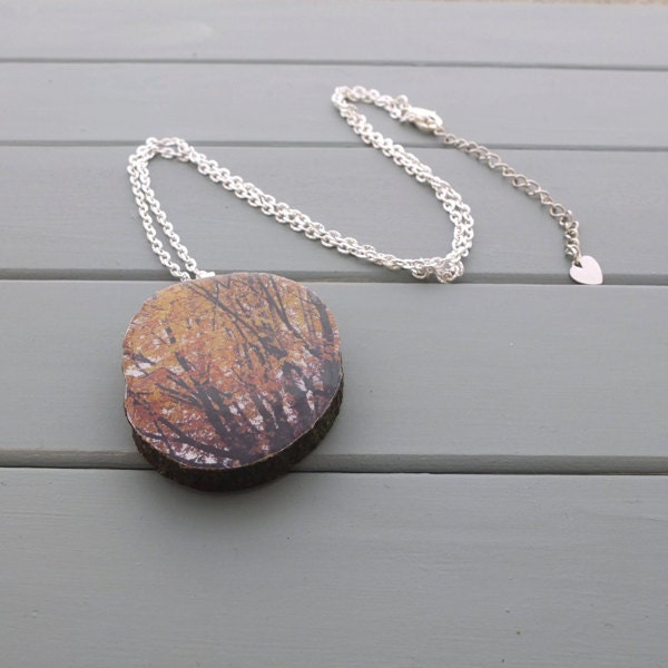 colours of fall, wood necklace, photo jewelry, handmade pendant from real tree branch