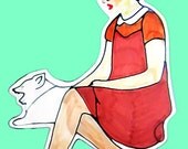 Fashion Illustration Pretty Art  Spring Summer Art Lady with Dog Puppy Elegant Feminine Woman Mint Orange Red Geek Chic