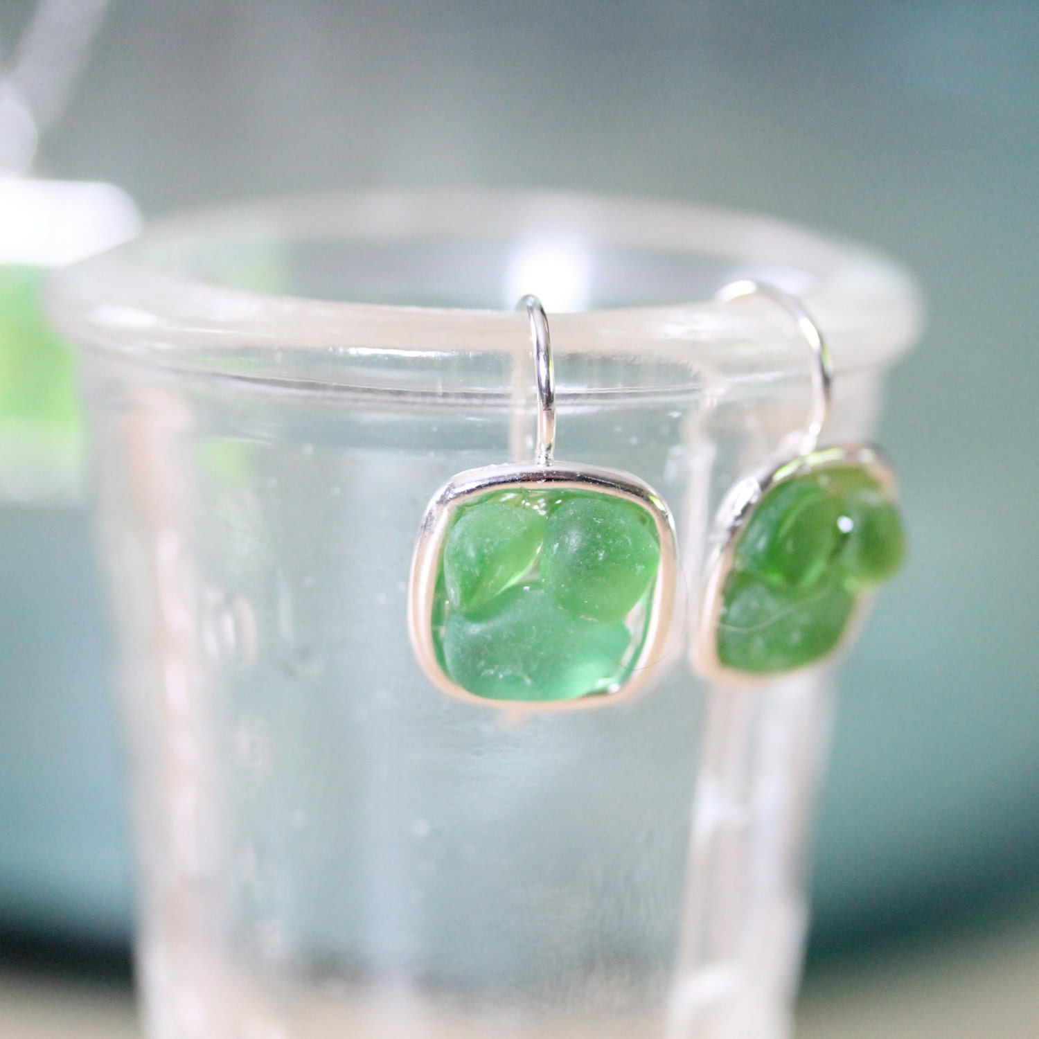 Sea Glass & Silver Mosaic Earrings - Green