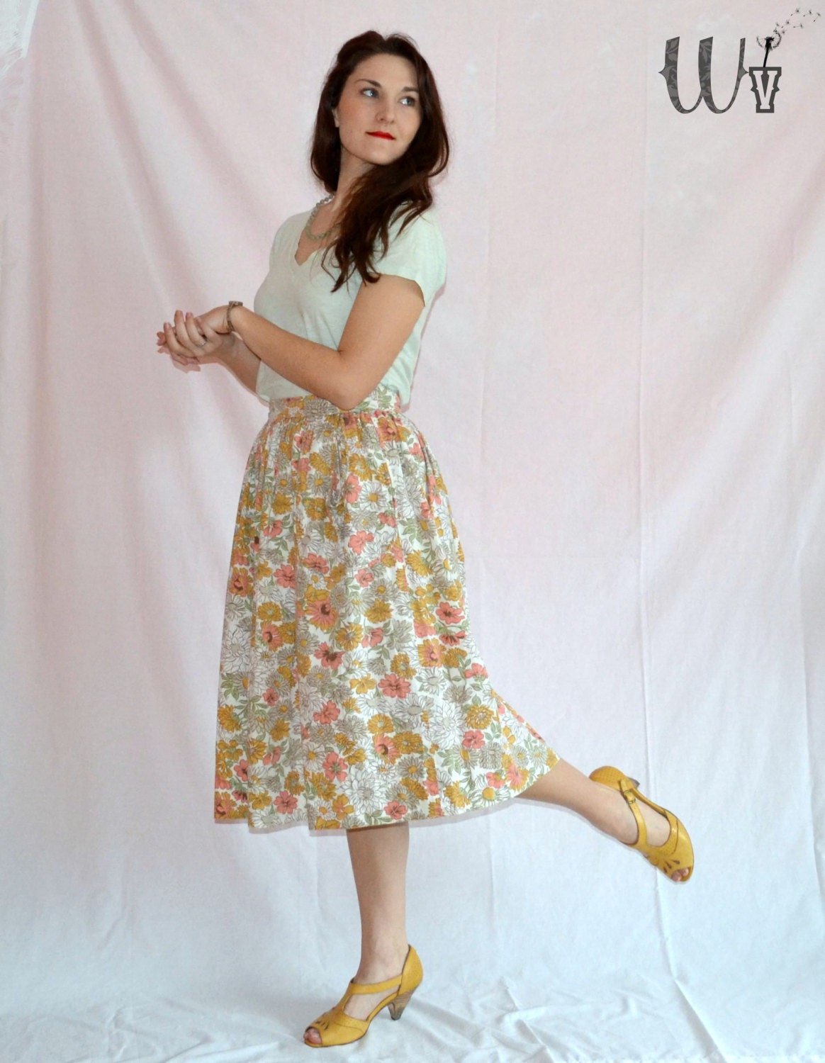 Floral 50's Circle Skirt / Peach and Yellow Vintage Cotton Skirt