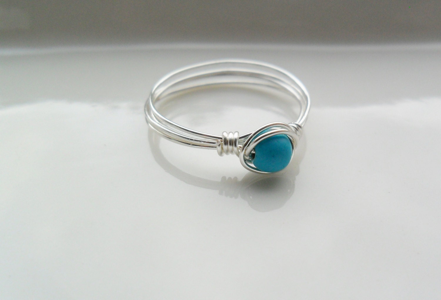 Blue turquoise gemstone silver wire wrapped ring