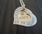 Personalized Pet Memorial Necklace Heart Hand Stamped Pet Loss Necklace In Memory of Cat or Dog Name Jewelry Inside Dog and/or Cat Design