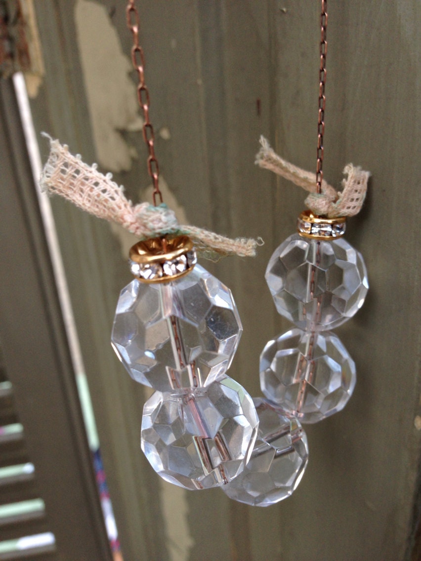 Anthropologie -esque Geometric Crystal Ball Necklace w/ Ribbon Ties, Studded Gold plated Washers and Toggle Clasp - Dainty, Feminine