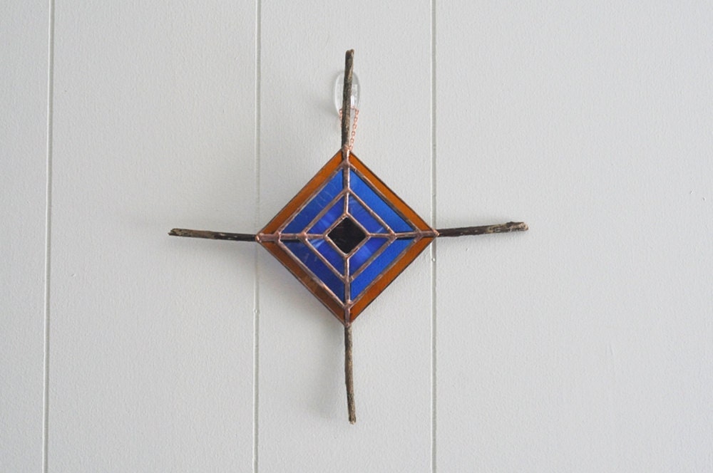 NEW Wissahickon 1 -- stained glass god's eye -- ojo de dios -- glass and found object -- eco friendly