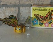 Vintage Yone Butterfly Wind Up Metal Toy with Original Box Flapping Wings as Rolls EXCELLENT Condition RARE Made in Japan Number 2174