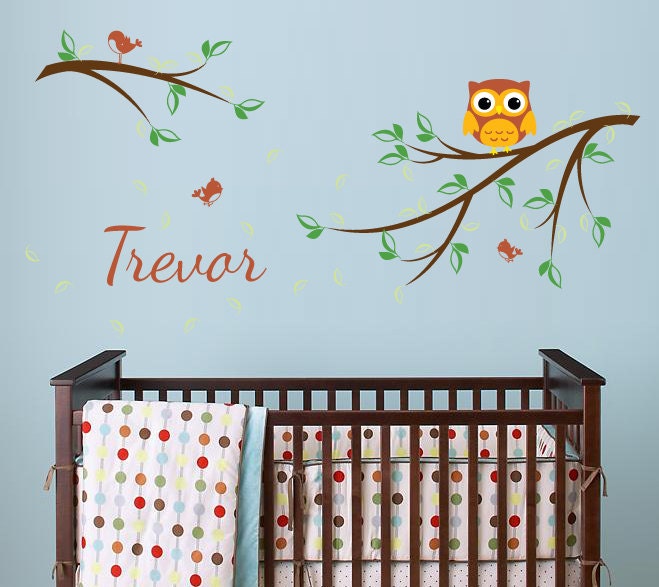 Owl on a Branch with Birds and Custom Name Wall Decal for Baby Nursery, Kids or Childrens Room