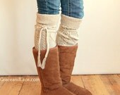 SALE Alpine Thigh High Slouch Sock - Tweed thick cable knit socks w/ fold over cuff and tassel tie - boot sock leg warmer (item no. 6-27)