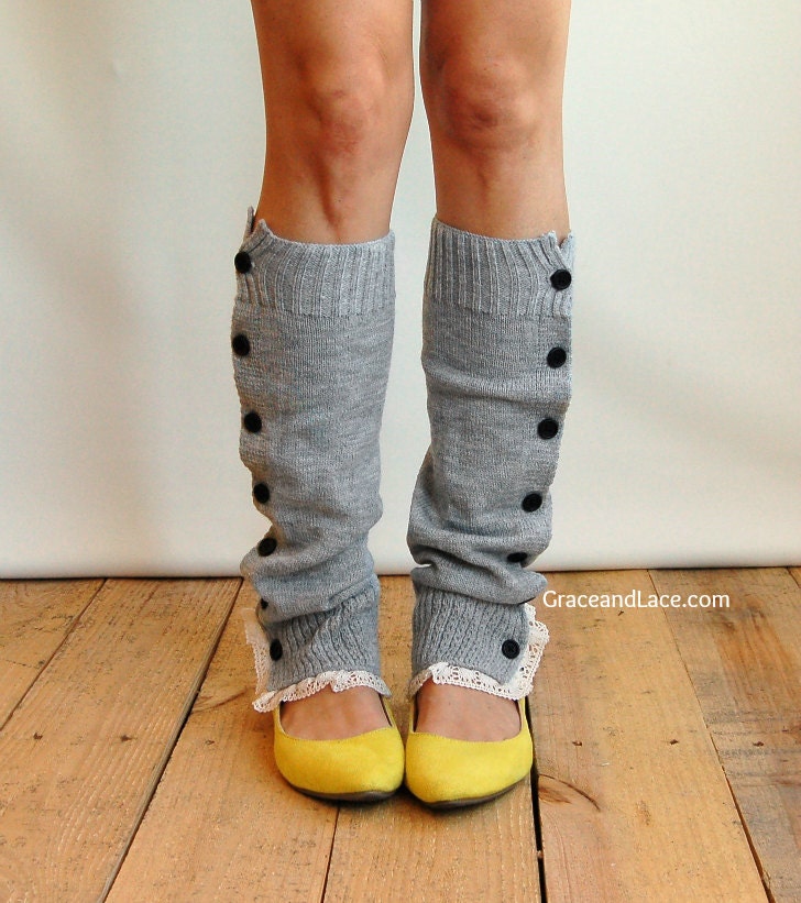 SALE SALE The Miss Molly - Light Heather Grey Slouchy Button Down Leg Warmers w/ Ivory Knit Lace - Legwarmers boot socks (item no. 7-13)