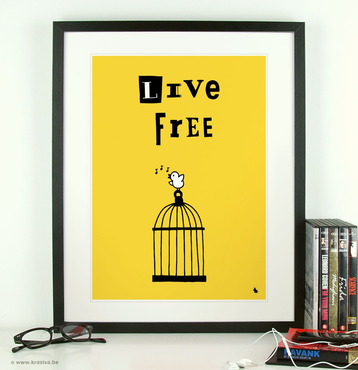 Yellow free bird cage quote poster print art - Live free - A3